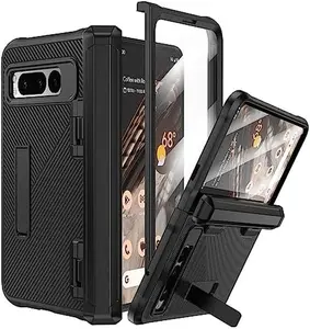 Phone Case for Google Pixel Fold Case with Built-in Screen Protector, Hidden Kickstand Hinge Protection Full Body Shockproof Phone Case for Pixel Fold, Black