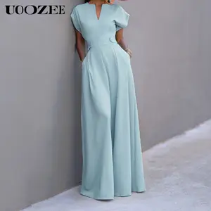 UOOZEE Women's Green Cap Sleeve Wide Leg Jumpsuit - Fitted Polyester Overall with V-Neckline - Chic & Elegant Style (the size is one size smaller,it is recommended to order a size larger) Elegant Shortsleeve, Minimalist, Elegance