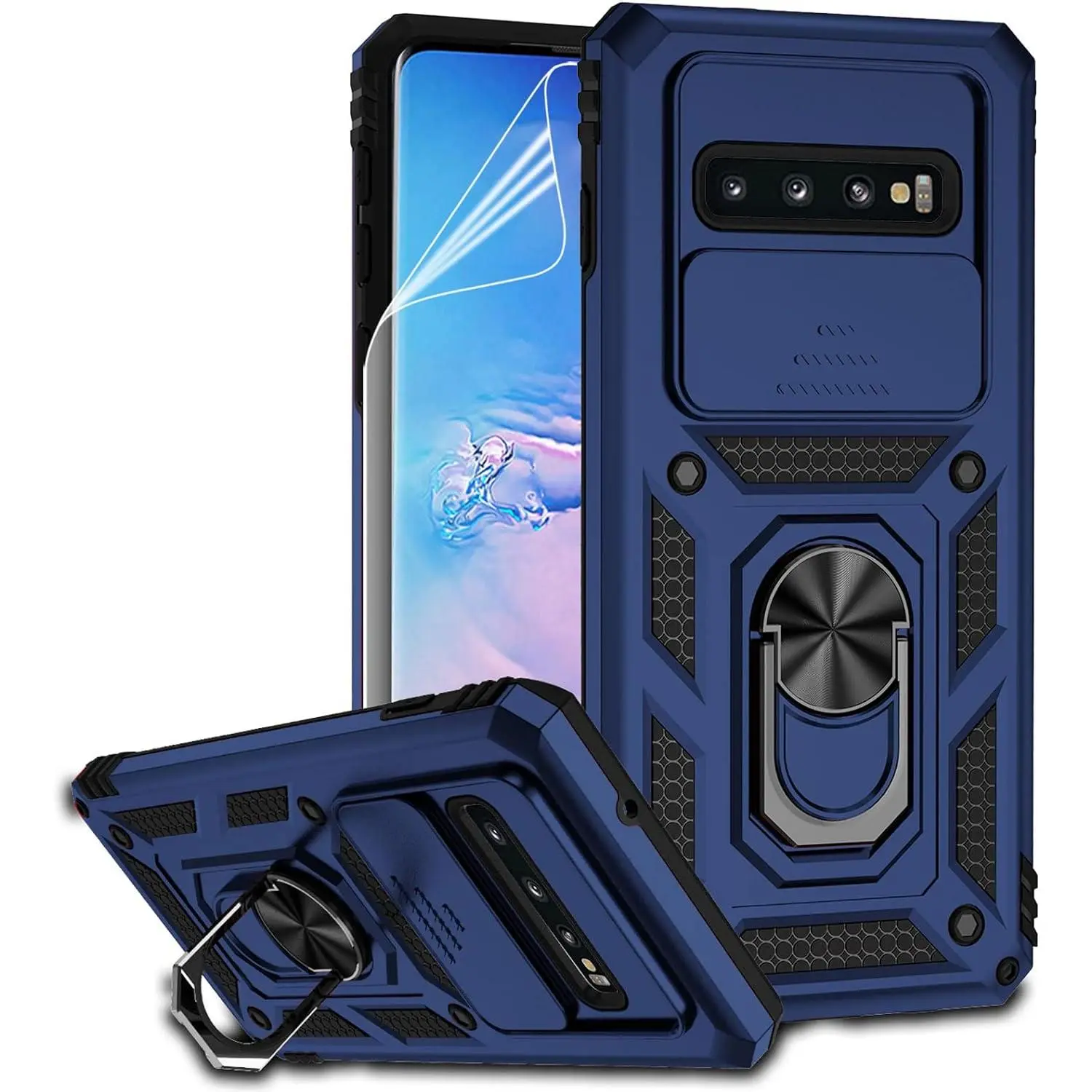 Military-Grade Durable Metal Polycarbonate Casing for Samsung Galaxy S10+ - Drop-Tested Protection, Camera Lens Cover, HD Screen Protector, Magnetic Ring Holder Kickstand (Navy Blue)