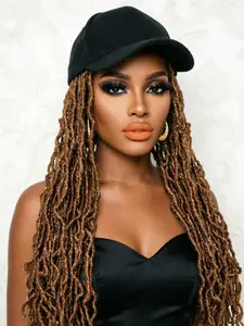 Synthetic Brown Afro Curly Braided Baseball Cap 30# Wig Soft Nu Faux Locs Wigs Hair Extensions With Hat For Afro Black Women For Daily Use Synthetic Material Wigs