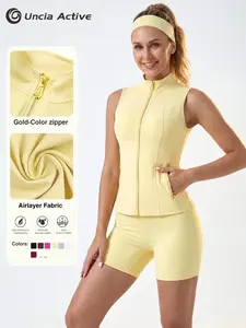 UnciaActive Women's Minimalist Gold-Color Zipper Vest & Tight Above-the-Knee Shorts Set - Airlayer Fabric, High Elasticity - 2-Piece Sports Tracksuit for Workout, Yoga - Gym Outfits
