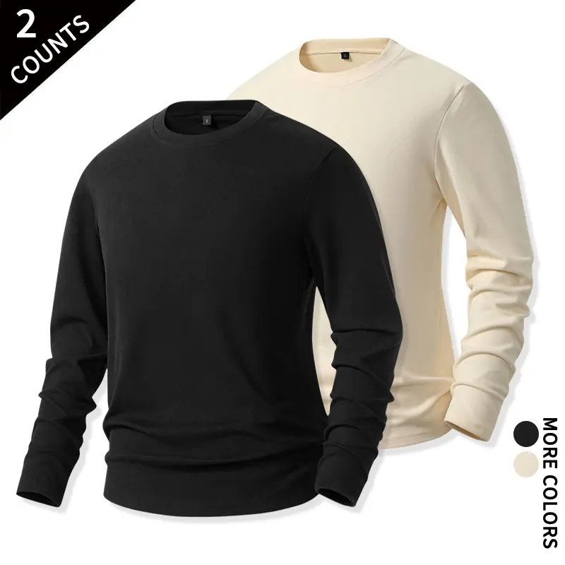 2‑Pack Men Warm Fleece Long Sleeve T‑Shirts Breathable Stretchy Inner Layering Top For Winter Daily Casual Street Wear