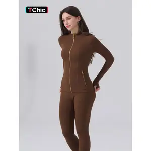 Women's Sporty Tracksuit Set (Gardenia Fragrance), Golden Zipper Jacket with Pockets & Yoga Pants, Thumbholes Design, Casual Wear for Women, Streetwear Tracksuit Set, Athleisure Wear Set