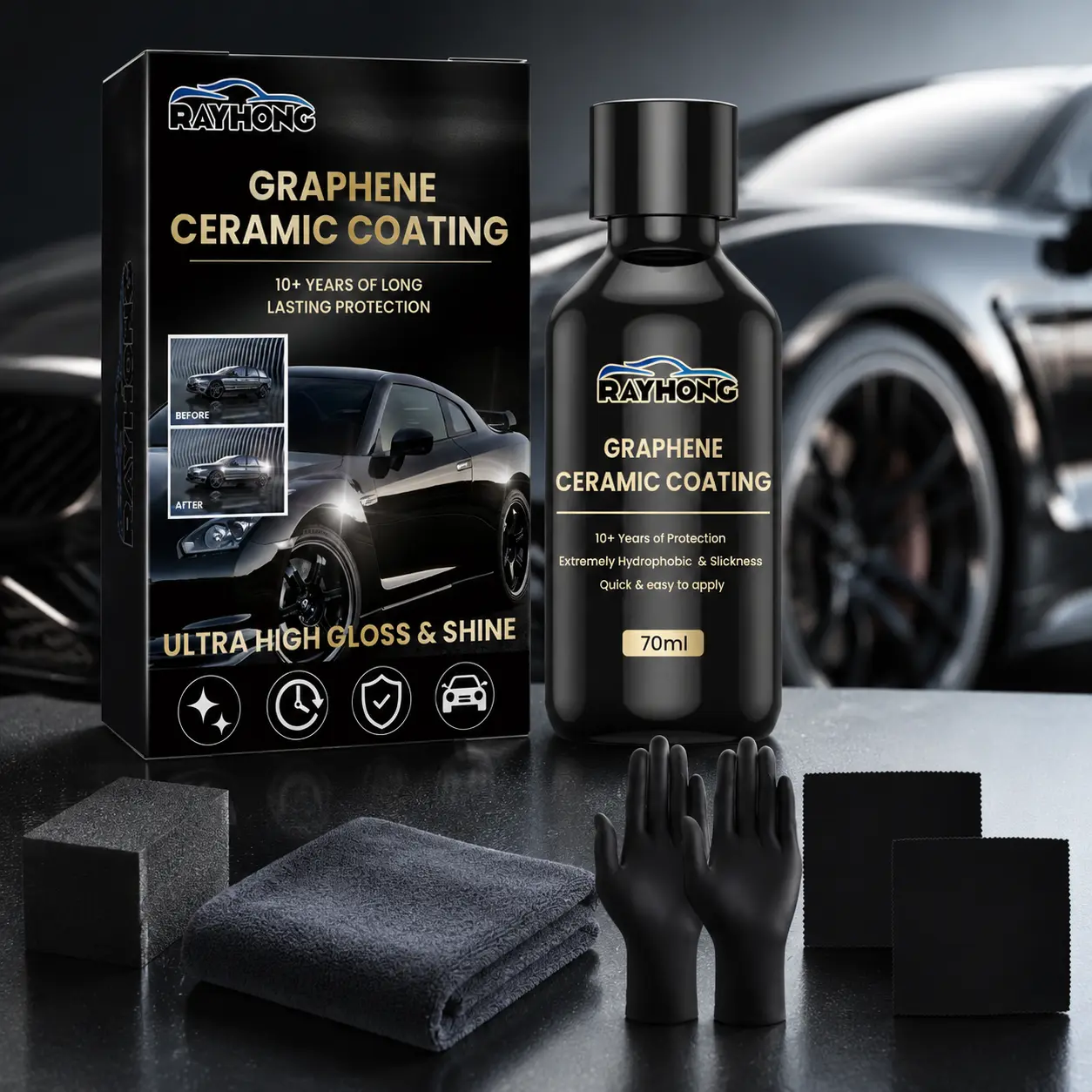 Graphene Ceramic Car Coating Agent Hydrophobic Paint Protection Water Beading Ultra High Gloss Shine Scratch Resistant Long Lasting DIY Car Detailing Kit