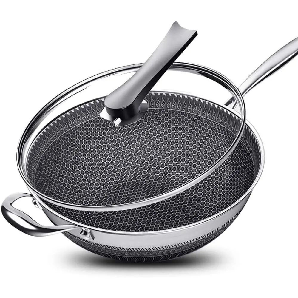13-Inch 304 Stainless Steel Non-Stick Round Wok Pan with Lid & Handle, Double-Sided Honey Comb Flat Bottom Fry Pan (2,000 ml and Above), Compatible with Induction, Ceramic, Electric & Gas Cooktops, Black (13-20 Inch), Round Pan