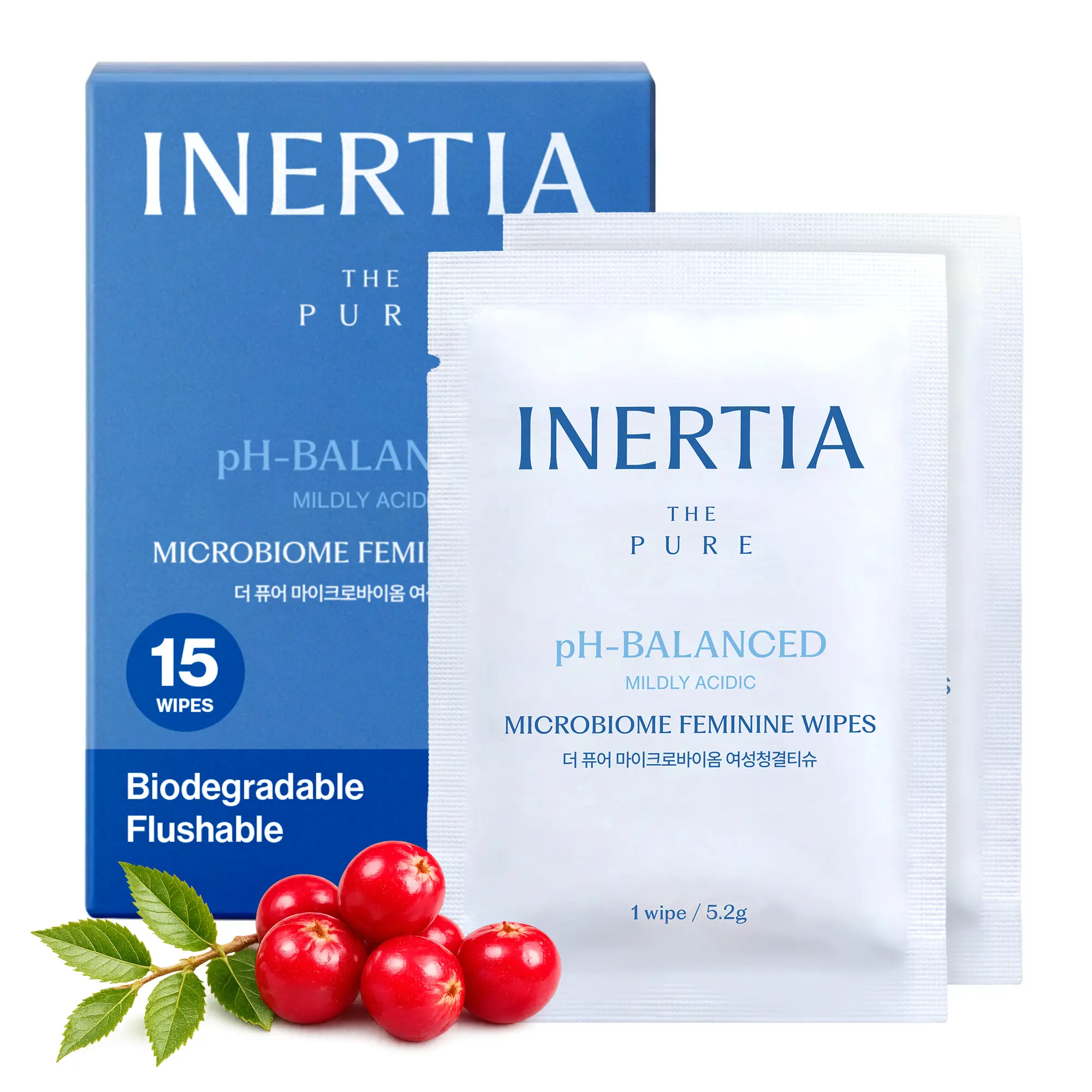 [pH-balanced] INERTIA THE PURE Microbiome Feminine Wipes, Biodegradable Intimate Care Wipes, 15 Counts