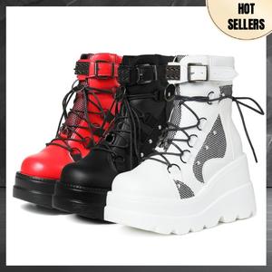 Platform Ankle Boots for Women Chunky High Heel Booties Goth Round Toe Combat Boots Women Lace Up Motorcycle Wedges,summerwins,summeroutfits,vacationoutfits,beachoutfits
