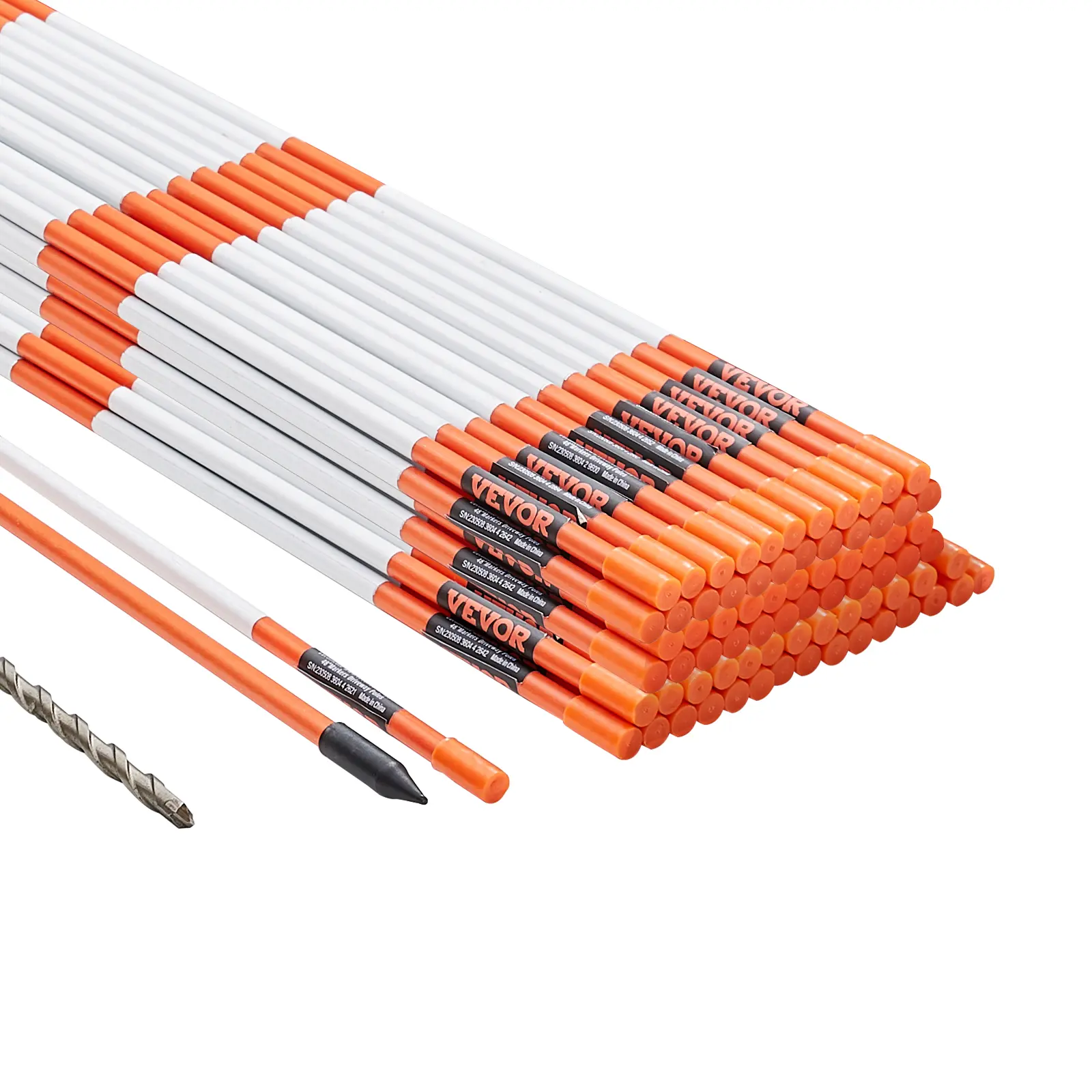 VEVOR Driveway Markers, 100 PCS 48in 0.4in Diameter Sturdy Non-Fading Lightweight Orange Fiberglass Snow Stakes with Reflective Strip, 12in Steel Drill Bit & Gloves for Courtyards, Parking Lots, Easy Installation
