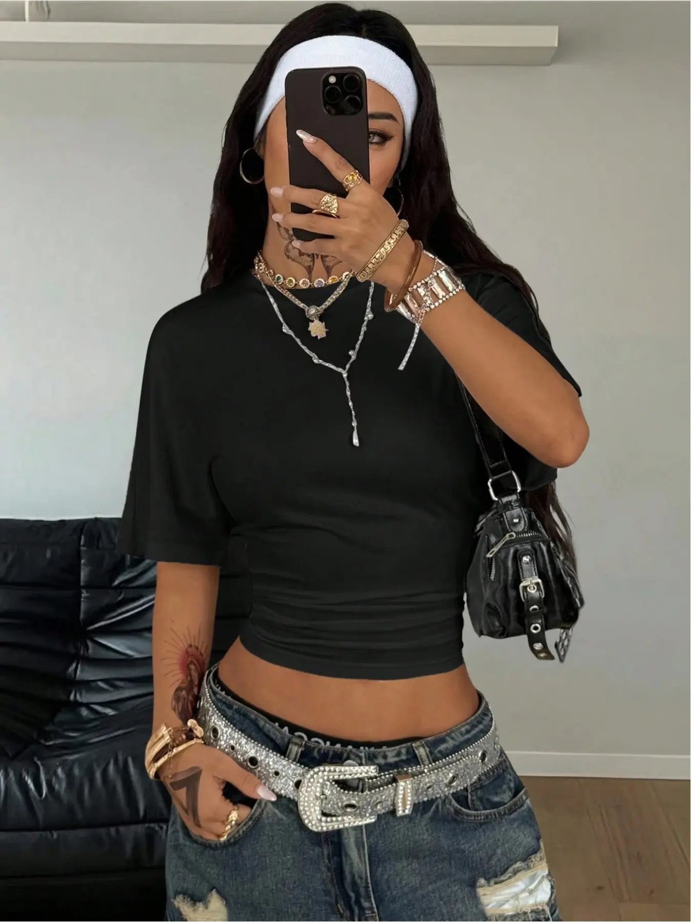 Y2K minimalist black Lightweight Solid elastic loose pleated knit cropped top Streetwear Womenswear for women's summer casual back-to-school street style Piece