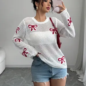 Women's Bowknot Print Hollow Out Sheer Sweater, Casual Long Sleeve Round Neck Jumper for Summer, Fashion Women's Knitwear for Daily Wear