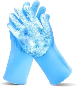 Pet Grooming Gloves Heat Resistant Dog Washing Gloves with High-Density Teeth Enhanced Five Finger Design Silicone Gloves for Dogs and Cats Bathing Massage Blue