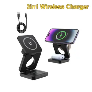 3-In-1 Magnetic Wireless Charger, Foldable Design, Magnetic Charging Design, Compatible with iPhone 12-17 Series, Apple Watch Se Ultra AirPods 2/3/4, Travel Portable