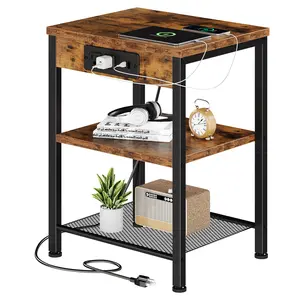 Rustic 3-Tier Side End Table with Built-in Charging Station , Adjustable Storage Shelves, Industrial Wood Nightstand with Power Outlets, Anti-Slip Floor Protectors, Compact Sofa Side Table for Living Room, Bedroom, Office with 4.9ft Extension Cord