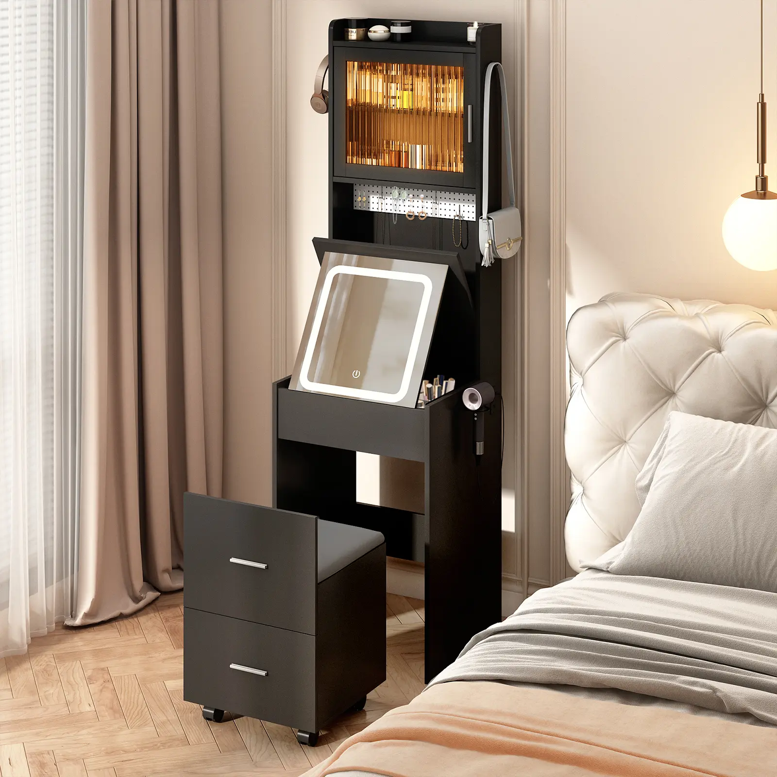 Modern Flip Top Vanity Table with LED Mirror, Charging Station, Storage Shelves, Hidden Storage Stool, Compact Mini Corner Design for Small Space Bedrooms