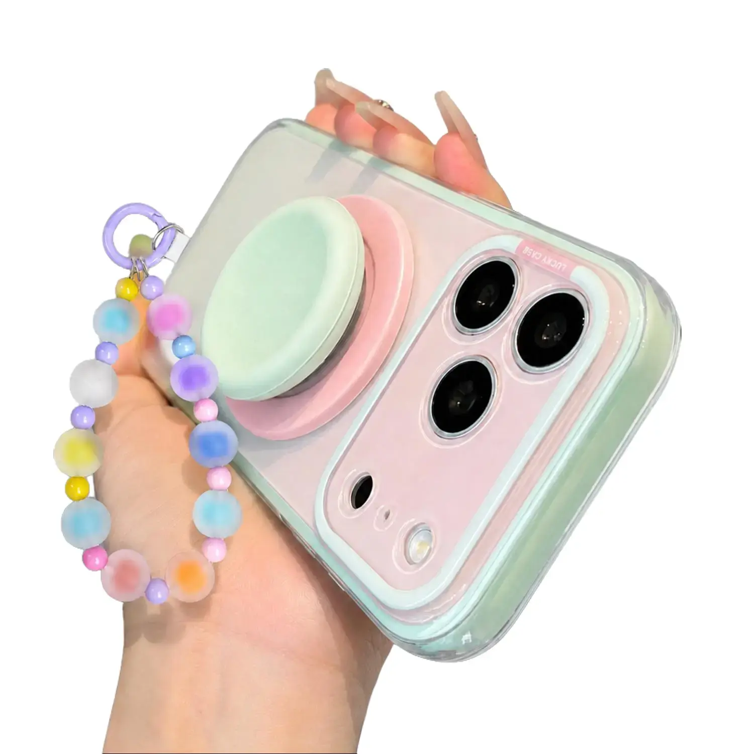 Cute Pastel Gradient Magnetic Case for iPhone 18 Pro Max with Grip Stand & Optional Beaded Wrist Strap for iPhone 17 Pro Max 16 15 14 Pro Max, Compatible with MagSafe, Clear Shockproof Protective Phone Cover