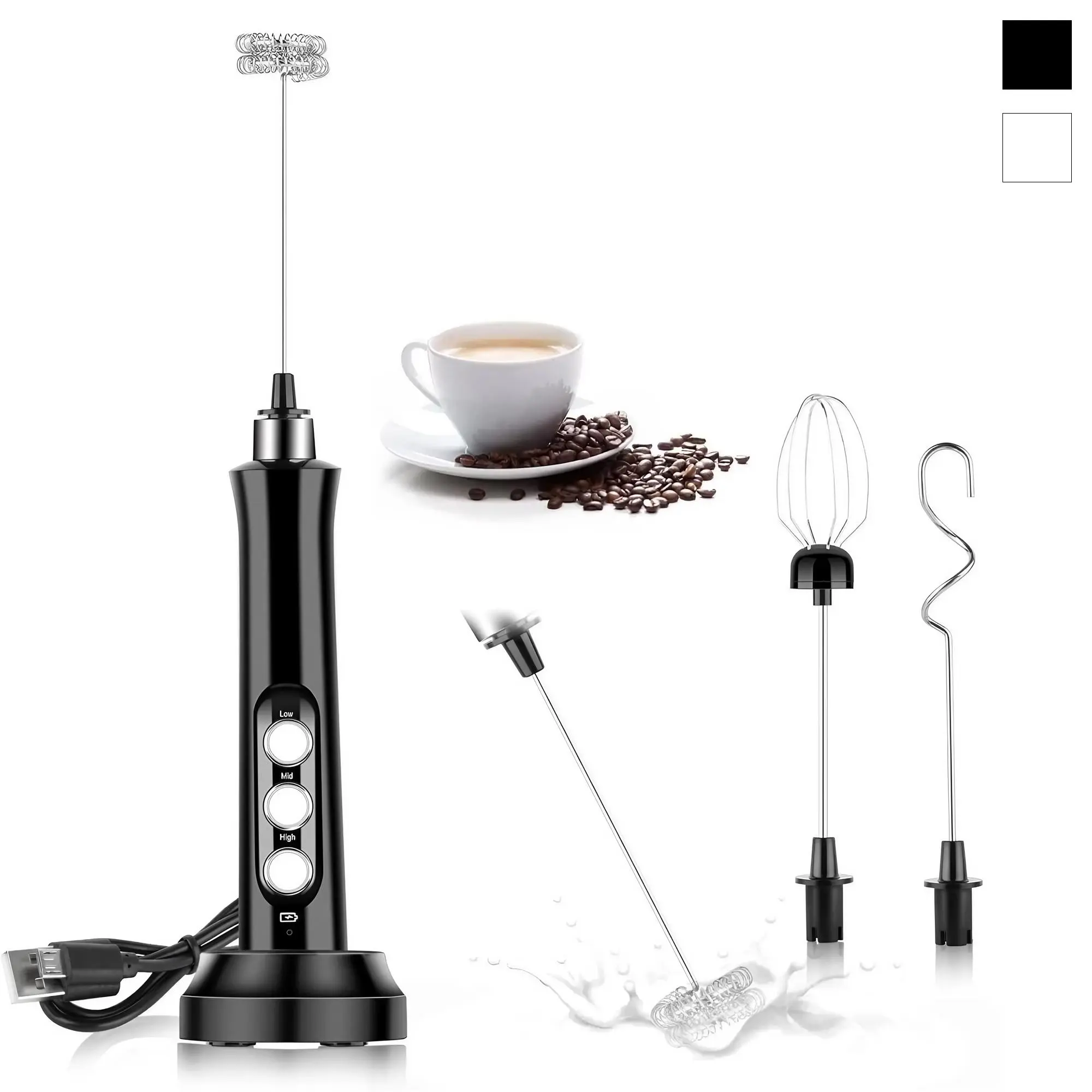 Rechargeable Electric Milk Frother, Cordless Milk Frother, Handheld Electric Drink Foam Mixer, Mini Coffee Frother with 3 Stainless Steel Mixers, Milk Frother Wand, Kitchen Appliances, Coffee Equipment