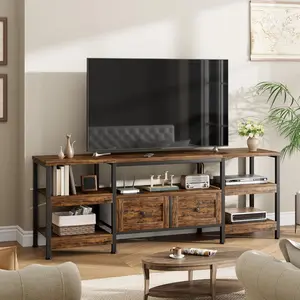 Brown 63inch Modern-Industrial TV Stand with 2 Fabric Drawers Entertainment Center for TVs Up to 65inch Rustic Brown Media Console with Storage Shelves Open Design and Metal Frame Brown