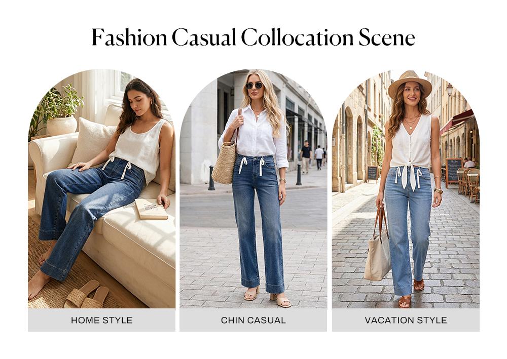 Sidefeel Women's Wide Leg Jeans High Waisted Stretchy Straight Leg Baggy Drawstring Zimbaplatinum Denim Pants