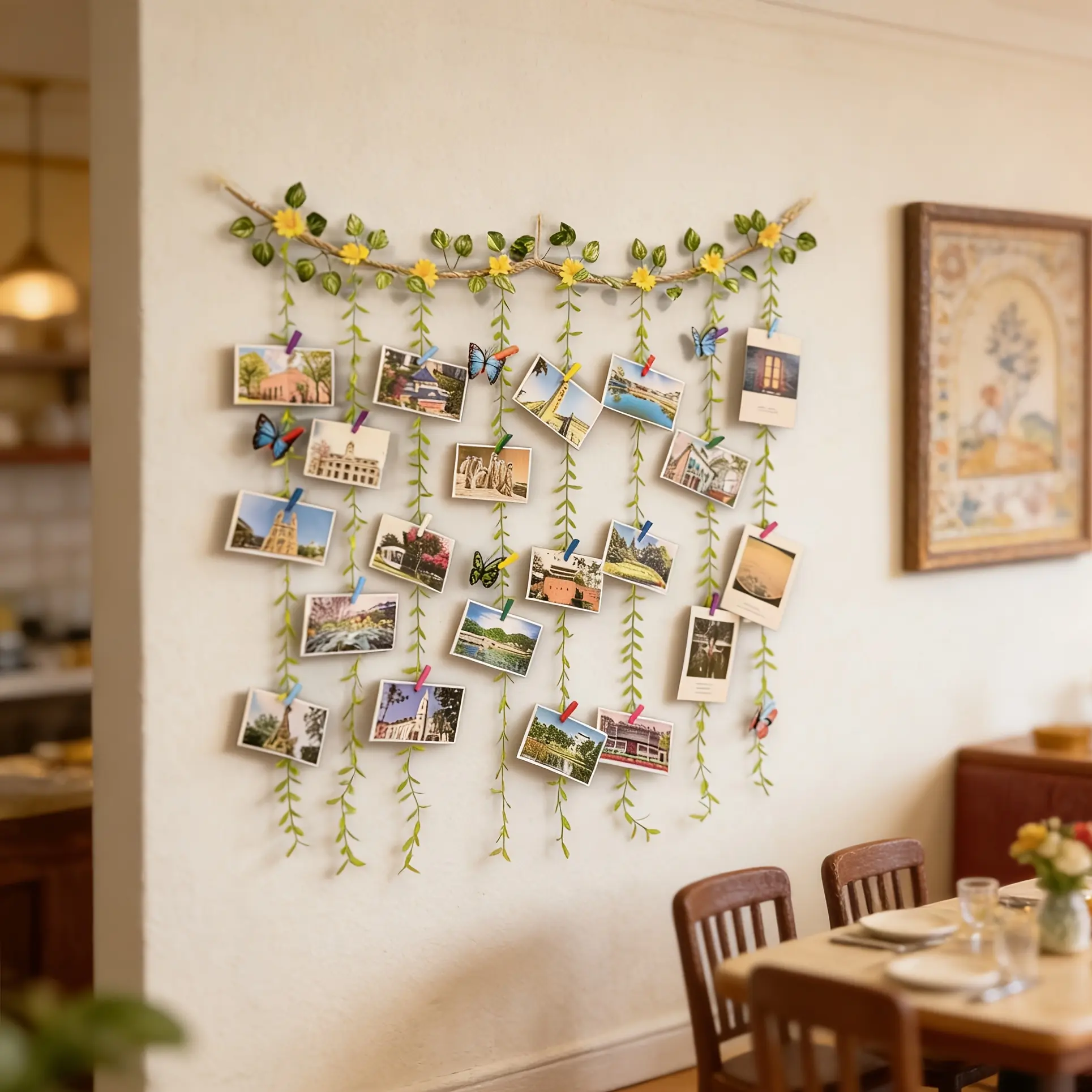 Simulated Green Leaf & Yellow Daisy Vine Photo Hanging Ornament, Rustic Jute Photo Clip Wall Decor, No-Drill Photo Wall