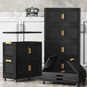 3/4/5 Tier Black Foldable Storage Cabinet with Doors & Lockable Wheels, Stackable Collapsible Plastic Pantry Organizer, Rolling Organizer, Multi-Tier Rolling Kitchen Storage Cart, Tool-Free Assembly Foldable Storage Organizer