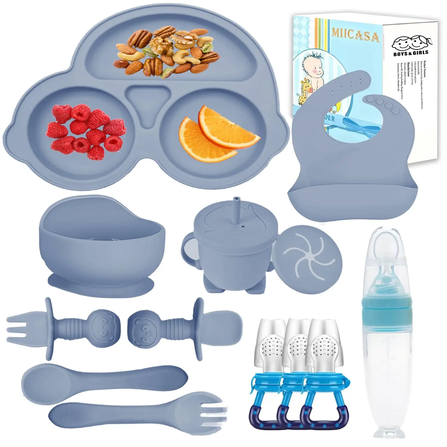 Silicone Baby Feeding Set, Baby Led Weaning Supplies Kit With Suction Bowl & Car Plate, Bib, Spoon, Fork, Cup - Food-Grade Silicone, Dishwasher-Safe, No BPAs - For 3+ Months