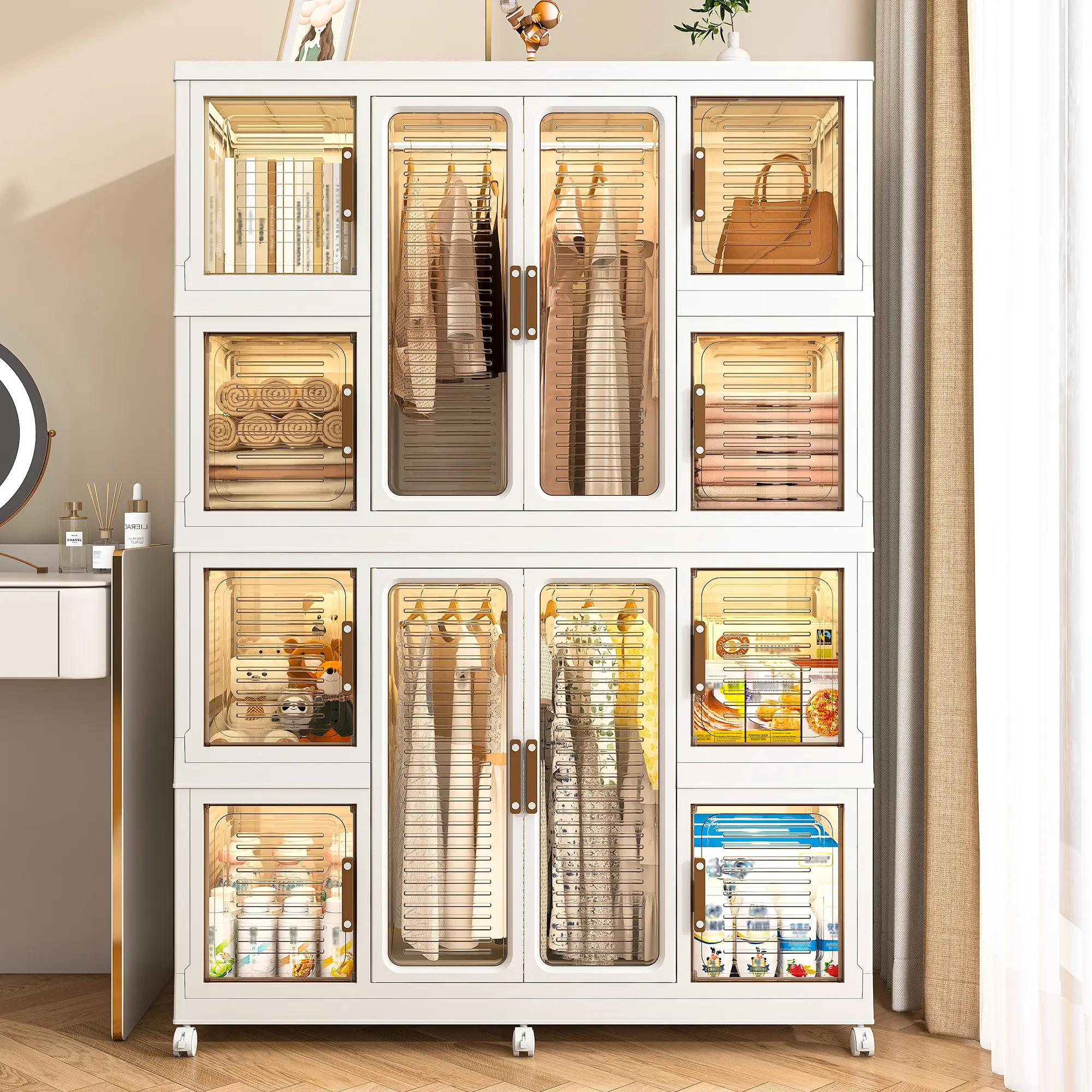 Portable Wardrobe Closet Storage Organizer for Clothes,Clothes Dresser,12 Magnetic Doors-12 Cubes & 2 Hanging Rod,16 pcs hangers , Baby Wardrobe Storage Cabinet,White