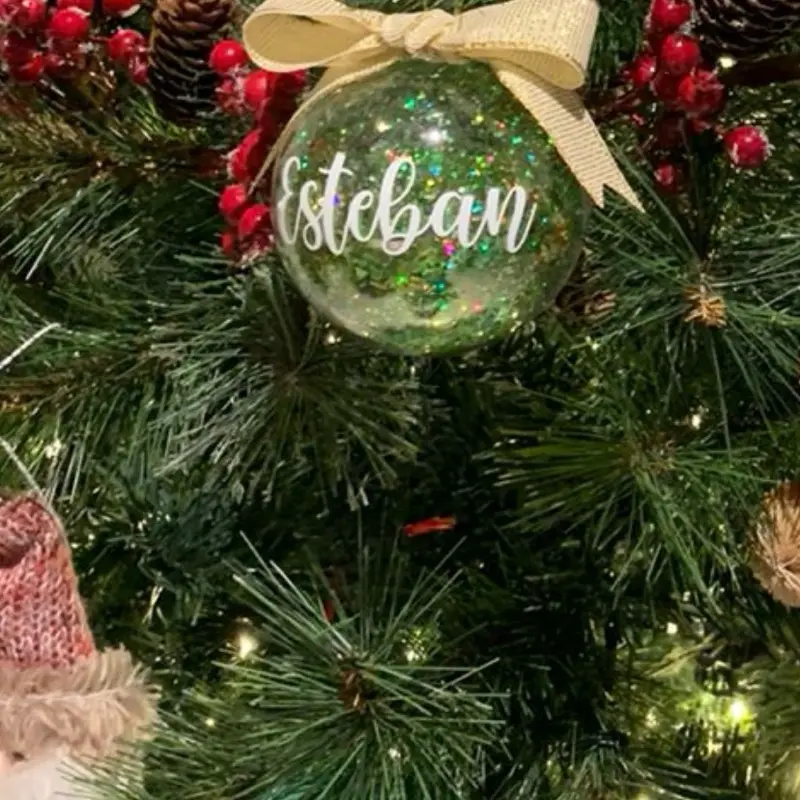 Set of 6 Shiny Christmas Baubles with Green Filling, Personalized with a Name or Word for Tree Decoration or Gift (Includes Customizable Gift Box).