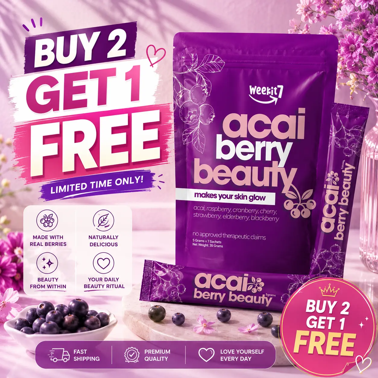 Weekit7 Acai Berry Beauty – 7 Berry Superfood Antioxidant Blend, Dietary Supplement, 7 Sachets, 35g | Made in an FDA-Registered Facility