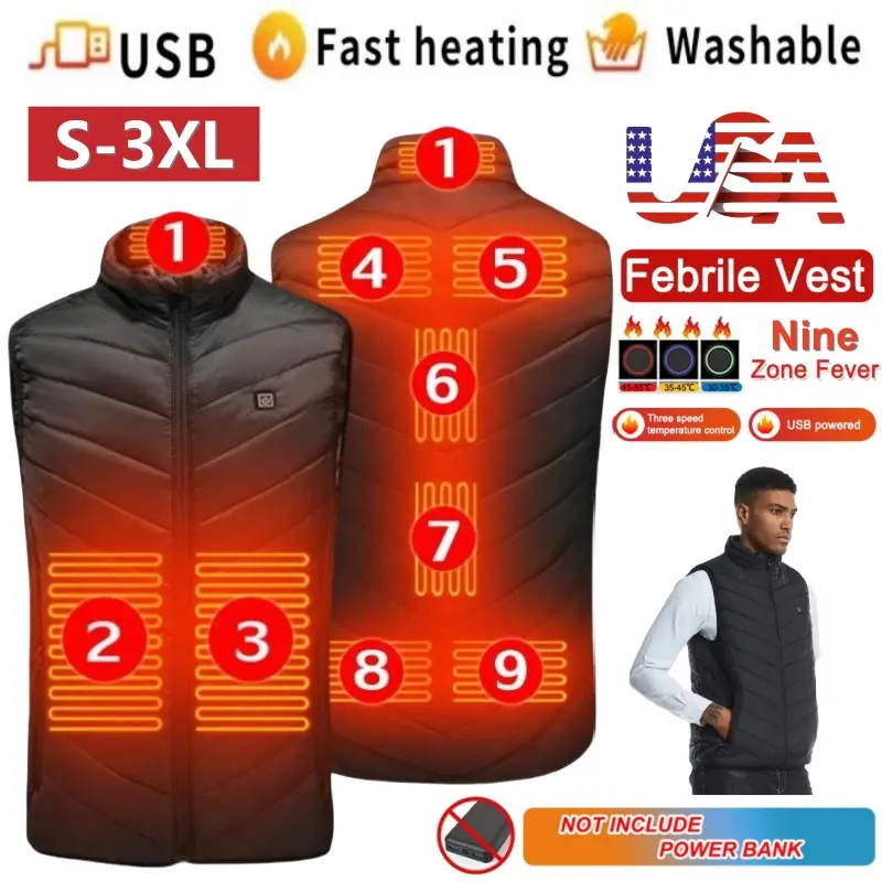 Menswear Heated Tops - Round Neck Electric Vest with 9-Zone USB Heating, Washable Polyester Winter Fashion Cloth (Power Bank Not Included), Plain, Plug, Heated Vest