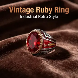 Vintage-Set Synthetic Ruby and Enamel Ring, Unisex Oval-Cut Sparkling Costume Jewelry