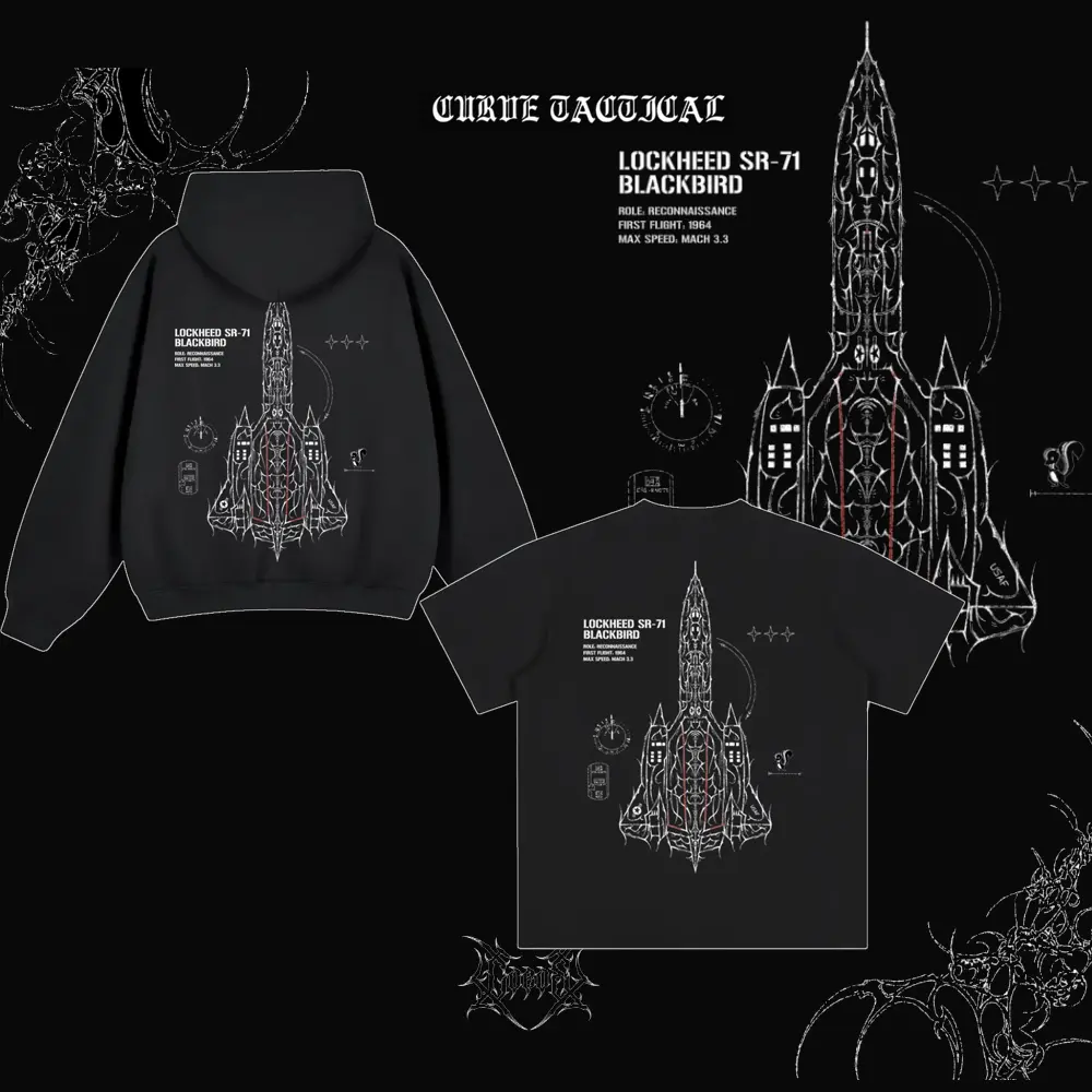 Curve Tactical SR-71 Blackbird Recon Jet Graphic Hoodie | Gothic Aviation Streetwear Pullover | Oversized Tactical Sweatshirt | Black | Dark Academia Grunge Unisex Top