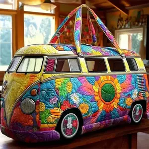 Retro Boho Hippie Van Printed Quilted Duffle Bag, Adjustable Strap Weekender Handbag, Soft Textured Large Capacity Storage Bag For Daily Outing Short Journey Gym And Casual Outdoor Travel Use