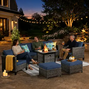 【Summer Vibes】Ovios Outdoor Patio Furniture Set 6-Piece with 30" Propane Fire Pit Table & Patio Conversation Set with Standard Chairs & All-Weather Wicker Sofa Seating for Backyard Patio Deck Garden Porch Outdoor