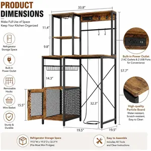 Bakers Rack with Refrigerator Storage, Coffee Bar Cabinet with Power Outlet, Microwave Stand with Storage Shelves for Pantry, Living Room