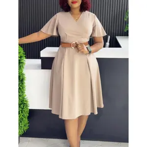 D3333 Women's Fashion Summer Dress V-Neck Bell Sleeve A-Line Khaki Color with Belt Basic Elegant Chic Vneck for Various Occasions Piece Style Chic