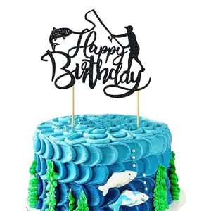 1pc Fishing Cake Topper Fisherman Birthday Party Decorations Outdoor Fishing Themed Cake Decoration Birthday Party Decorations Black