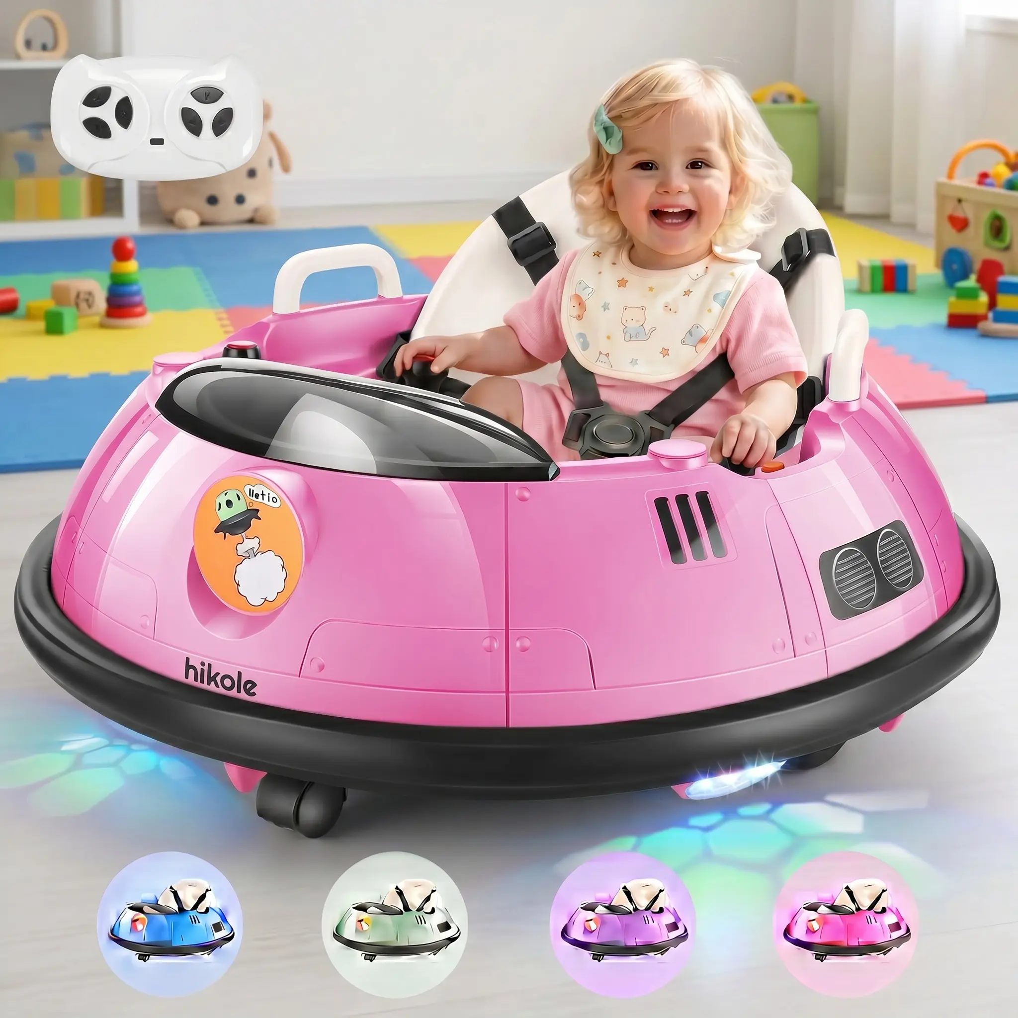 Hikole Remote Control 12V Battery Powered Ride-On Bumper Car for Toddler Gifts - 360 Degree Spin, LED Lights, Safety Belt, Electric Kids Ride-On Toy, Ride On Wheels Ride On Car Ride On Atv Ride On Backhoe