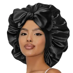 Women's Bow Decor Satin Sleeping Bonnet,Gifts for Girlfriend, Hats for Women, CasualComfortable Hair Care Bonnet, Soft Sleeping Bonnet for Women & Girs Black Haircare