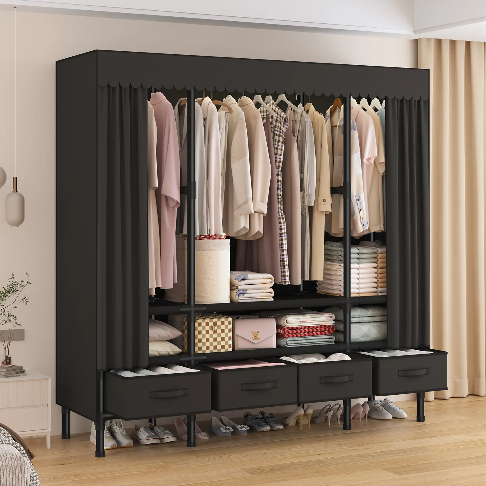 Portable hanging wardrobe — 3 hanging rods, 6 shelf tiers, and 4 drawers; 55-inch black wardrobe with lid, suitable for bedrooms, dorms, and apartments; space-saving design capacity heavy duty organixe storagey fabric non-woven rack clothes