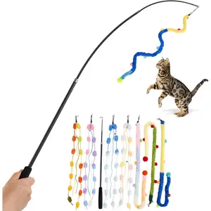 Cat Wand Toy 8Pcs Retractable Plush Srtip Cat Teaser Wand Toys with Bell & String Long Interactive Wand Toys for Indoor Kitten Exercise
