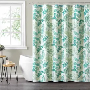 Green Floral Shower Curtain Set with Hooks & Liner – 72x72