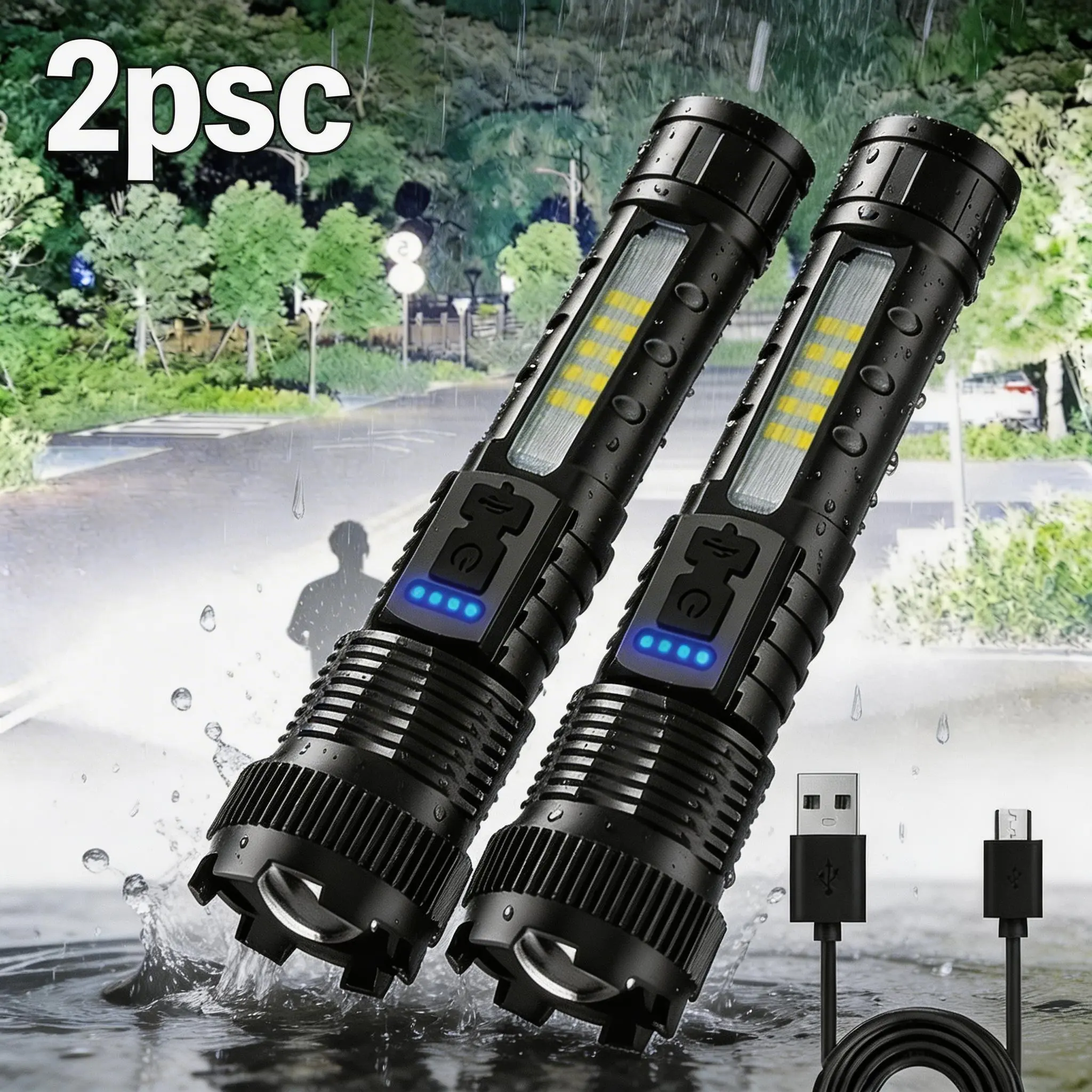 2-Piece Rechargeable High Powered LED Flashlight Emergency Set with Batteries, Cells, Zoom Lens, COB Side Light, 6 Modes, Red & Blue Flashing for Camping, Power Outages, High Powered Flashlight, Flashlight Emergency Light