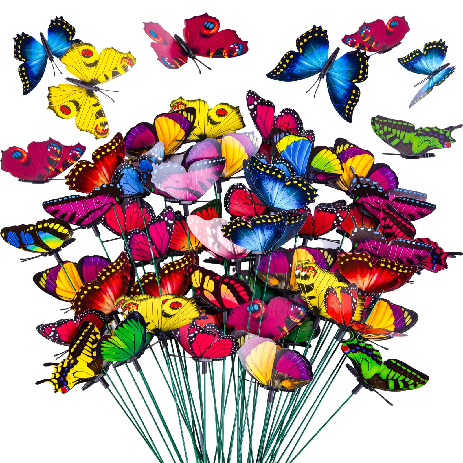 50-Piece Butterfly Garden Stake Set, 10-Inch Waterproof PVC Bendable Stakes, 3.5-Inch Wide Assorted Color Foldable-Wing Butterfly Ornaments, for Lawns, Craft Displays, Party Decor, Indoor-Outdoor Use