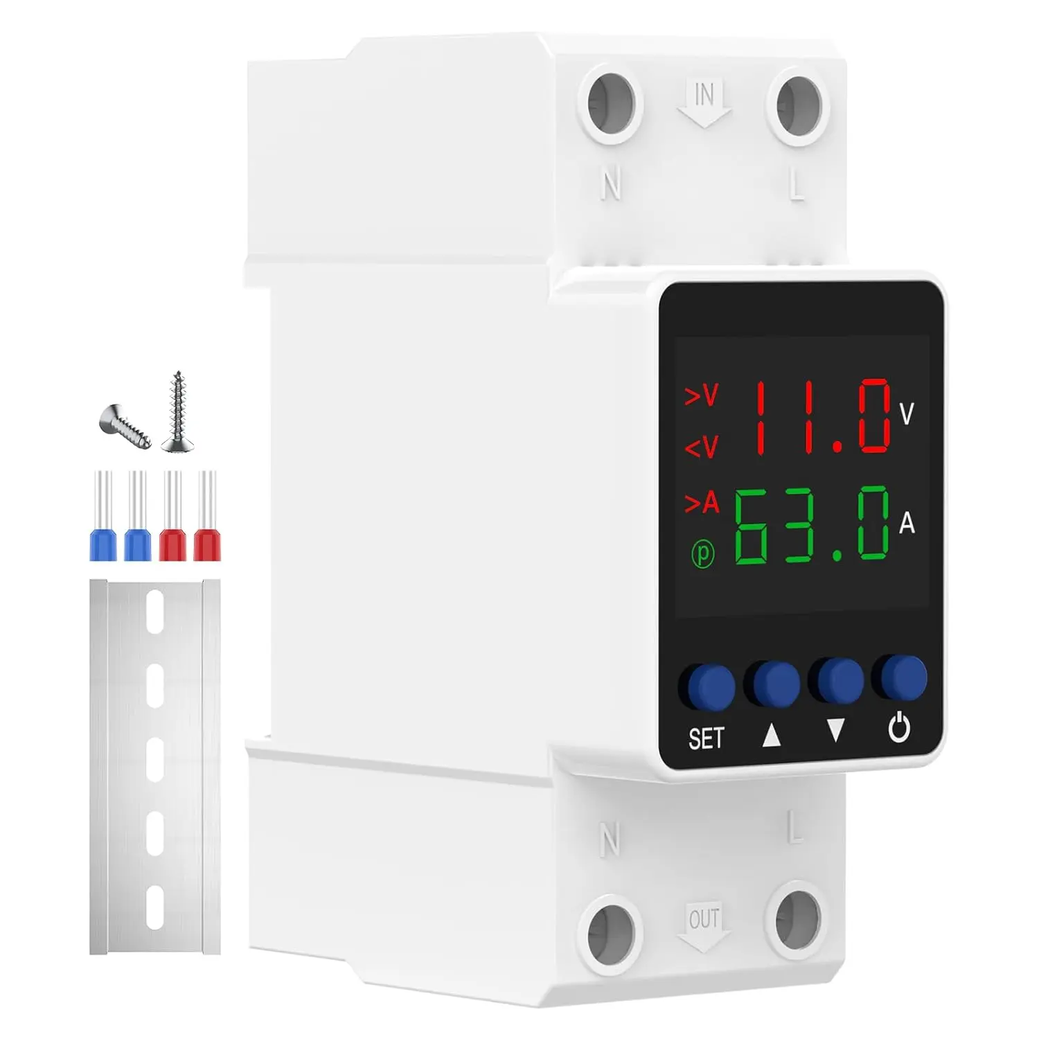Safety Digital Automated Monitoring Adjustable Voltage Protector - 110V/220V, Over/Under Voltage Cutoff, Overcurrent Protection Relay, 1-63A Auto Reset Smart Circuit Breaker, DIN Rail Mount for Home & Industrial Use