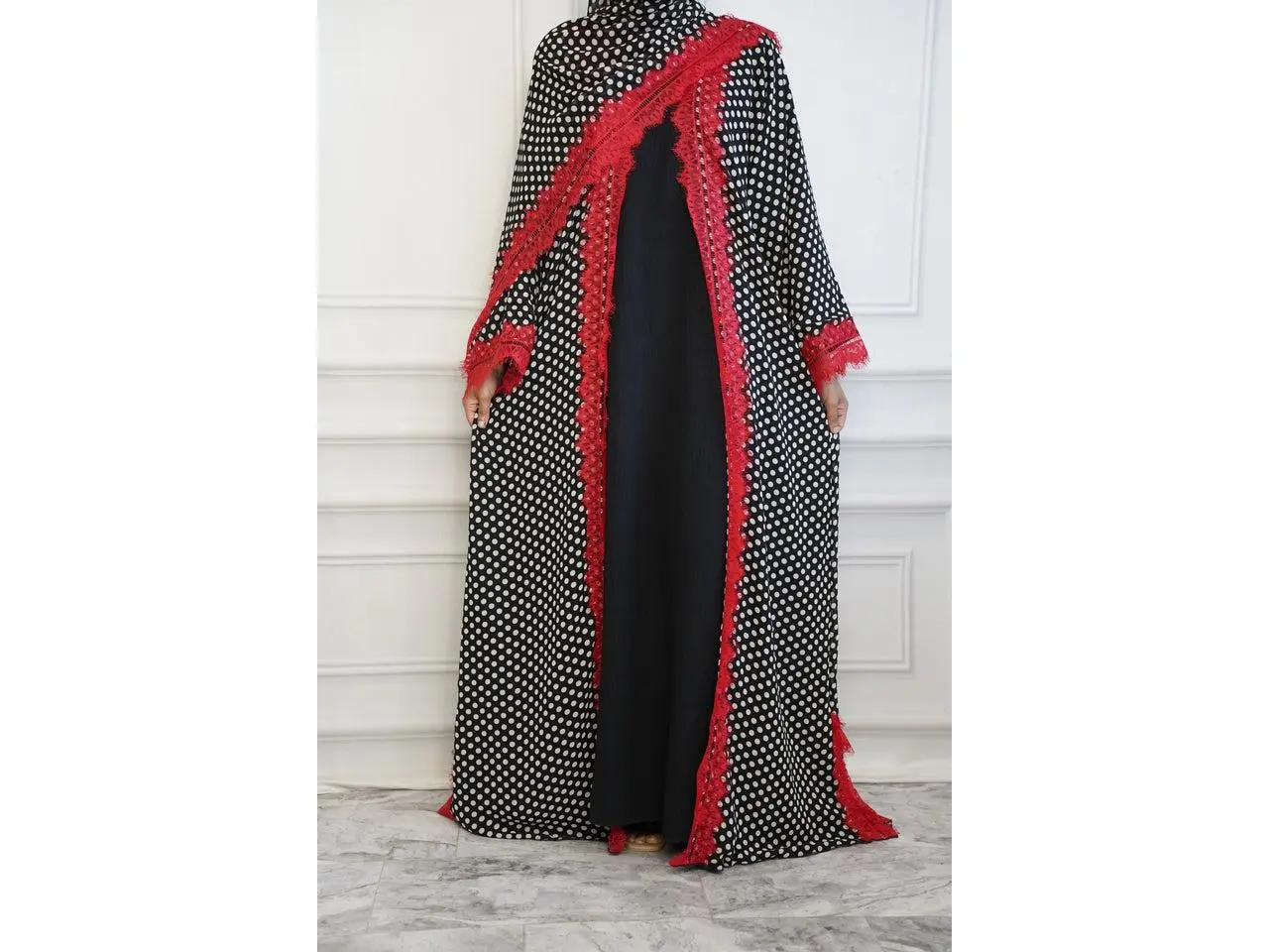 Polka Dot abaya three-piece set. Modest, comfortable, and easy to wear wherever you go