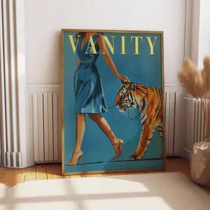 [SALE UP TO 40%] Vintage Woman Walking a Tiger Poster Women Fashion Magazine Wall Art Badass Bestie Eclectic Feminist Print Funny Retro Wall Decor