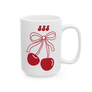 Reusable 888 Angel Number Cherries Glossy Ceramic Coffee Mug - Coquette Bow, Kawaii Style, White, 11oz-15oz Kitchen Drinkware Cup