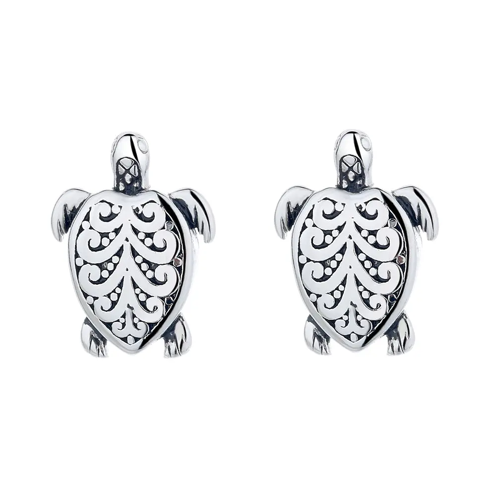 Amy & Annette Sterling Silver Artisan Turtle Earrings, Featuring Unique Shell Pattern Design, Authentic Silver Finish