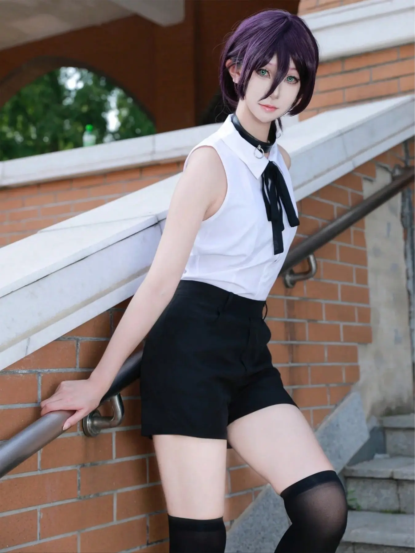 Chain Saw Man Rize Cosplay Costume Set, Sleeveless Shirt + Shorts + Collar, Party Style, All Seasons, Anime Role Play, Womenswear