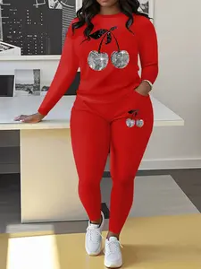 Women's Fashion Cherry Print Long Sleeve Casual Pocket Jogger Pants Set, Elegant Fitted Plus Size Two-Piece for All Seasons(Not hot-fix rhinestones）